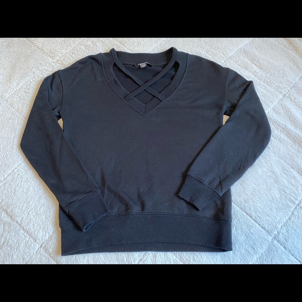 Black sweatshirt with criss cross design